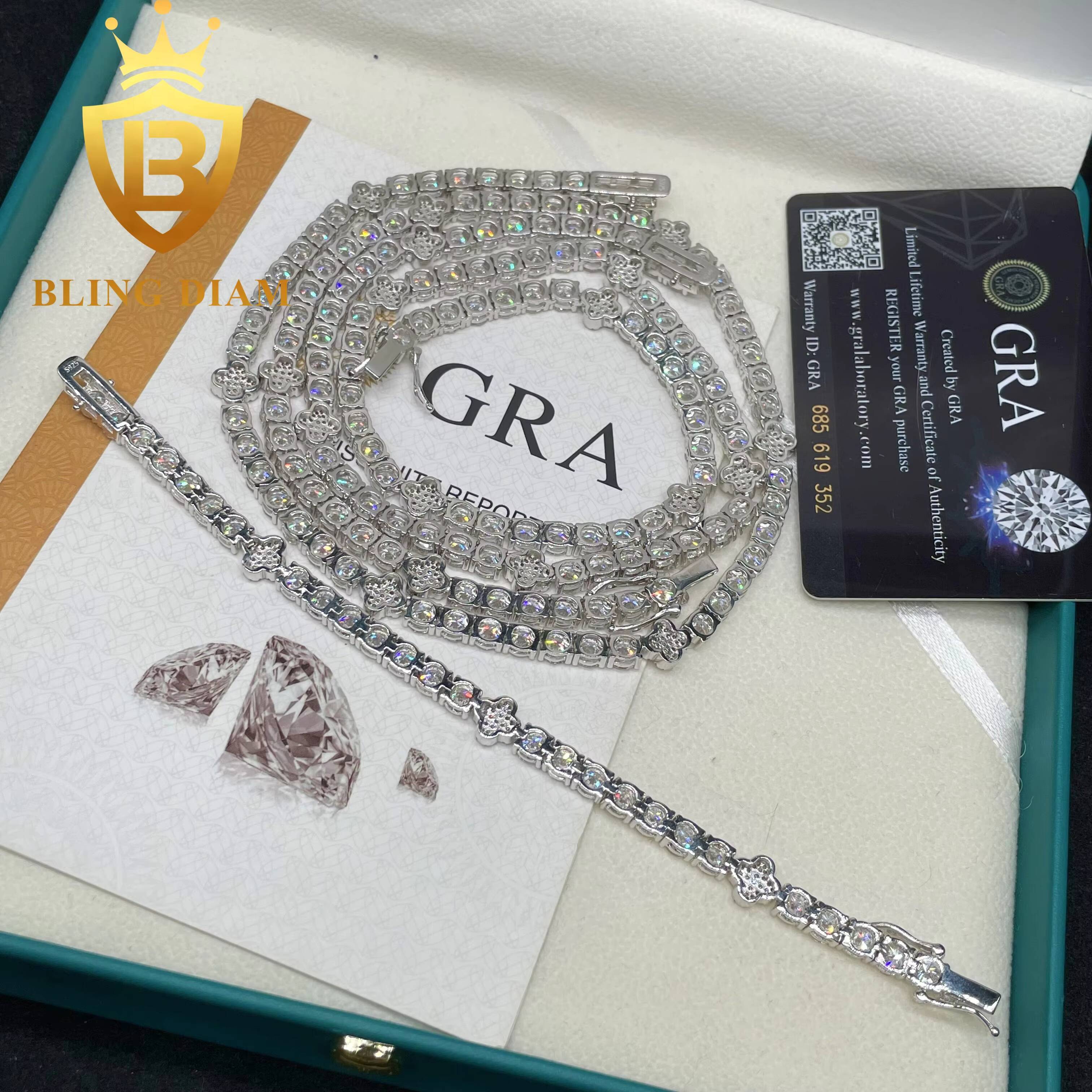 New Arrivals Iced Out Bling Four Clover 5mm Tennis Chain Cluster Necklace Hiphop Moissanite Diamond 925 Silver Men Woman