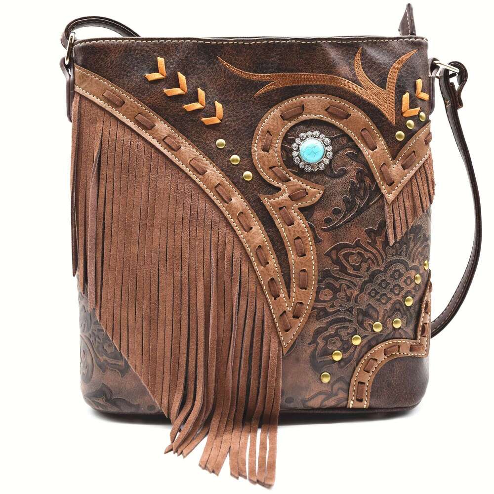 Women's Cowboy Crossbody With Fringe Tassel Decorations Adjustable Strap, Zipper Closure, Hardware, Turquoise Bead Accent Synthetic Faux Leather 