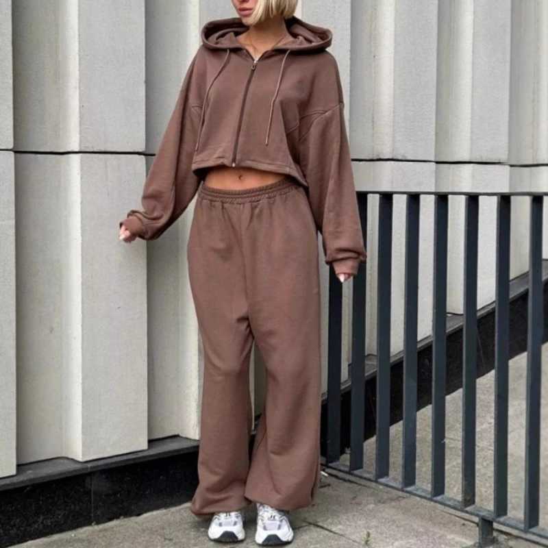 Pant Set Women Hoodies Two Piece Sets Hooded Matching Sets Zipper Tops Wide Leg Long Pants Tracksuit Work Y2k Jogger SweatshirtT251022