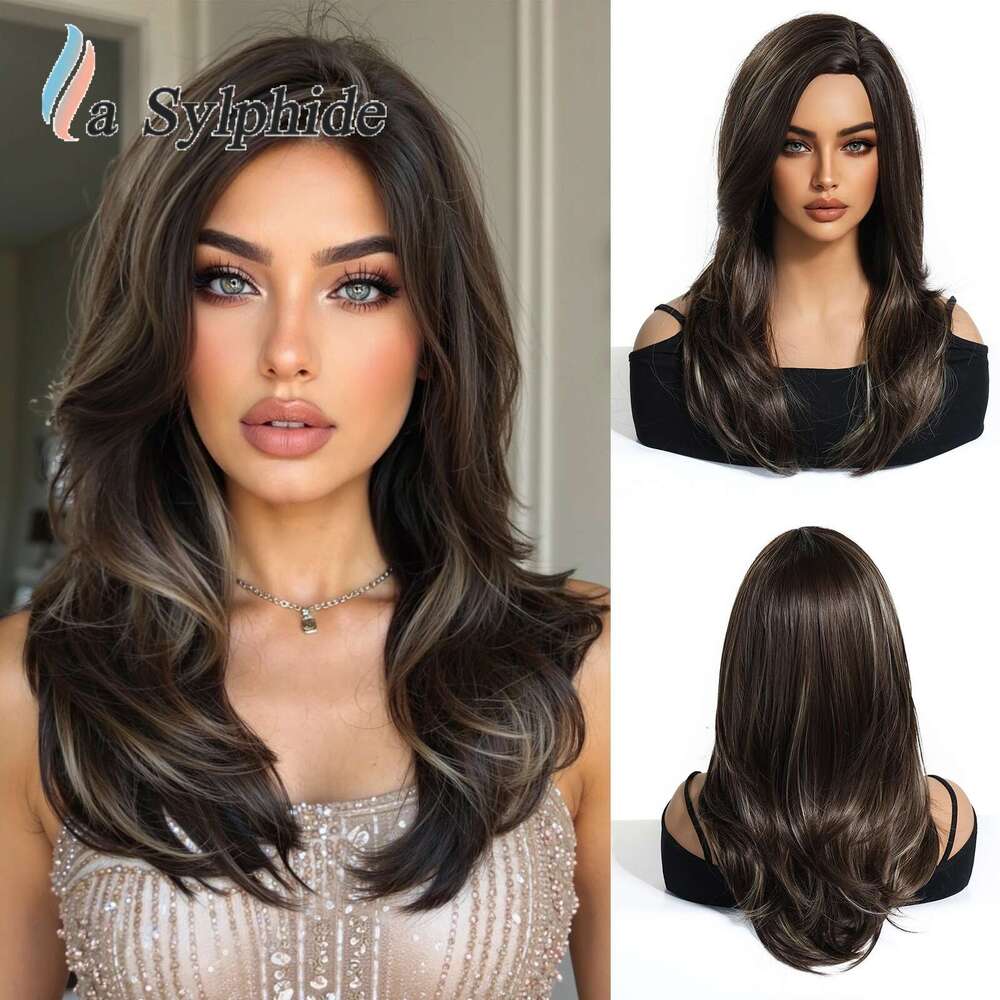 Full Wig Dark Brown Side Part Long Straight Matte High Temperature Fiber Age-Reducing High-Layered Collarbone Hair