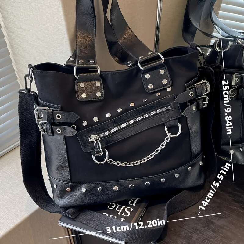 Punk Style Large-Capacity Handbag - Retro Solid Color With Rivet Embellishment, Adjustable Shoulder Strap, Nylon Material, Suitable Outdoor Daily Use,