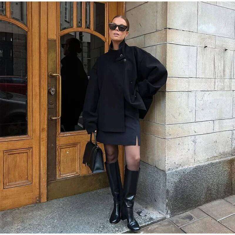 Women Fashion Stand Collar Woolen Jacket Single Breasted Long Sleeve Female Coat Autumn Chic Street Office Short Outerwears