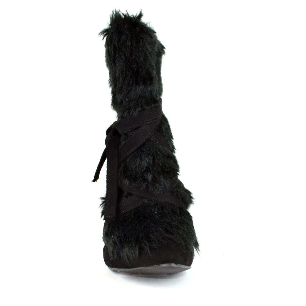 Women's Pointed Toe Faux Suede Fur Ankle Boot With Stiletto Heel And Wrap Tie Detail