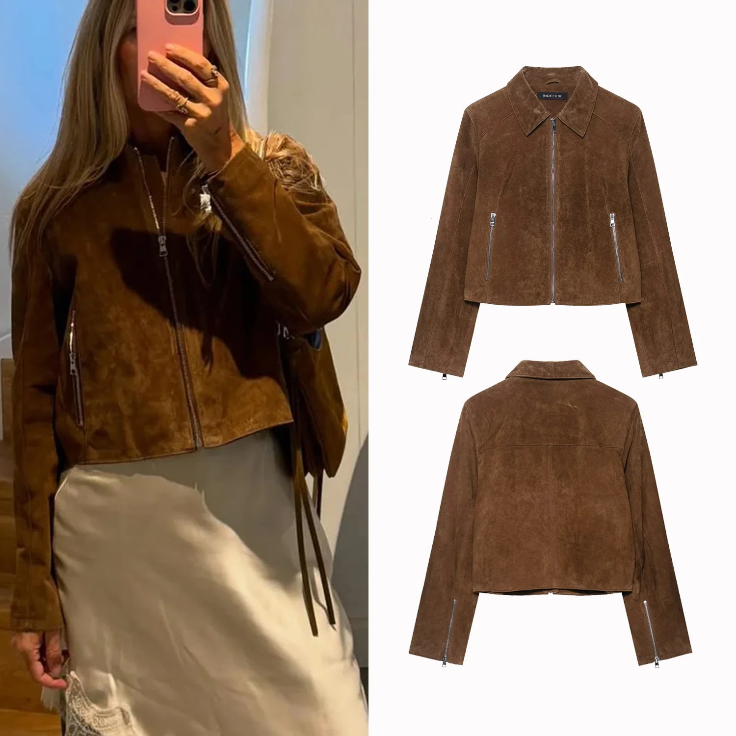 Fashion Womens Casual Suede Jackets Coat Female Zipper Long Sleeve Pockets Coats Winter Lady Commute Jacket Streetwear 251021