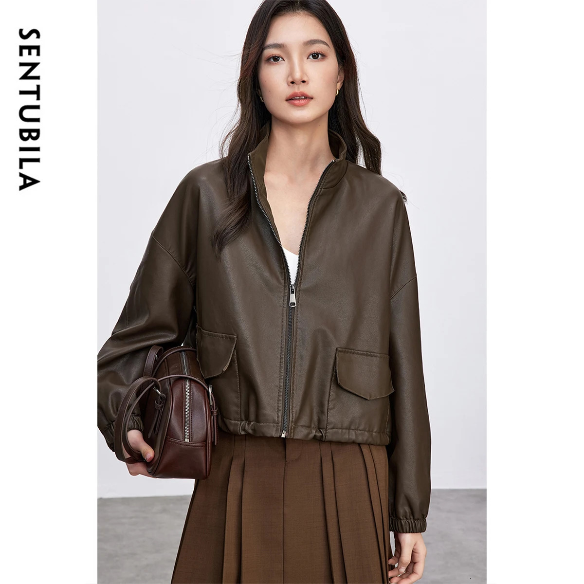 SENTUBILA Leather Jacket Women Autumn Fall Fashion Vintage Commute Loose Stand Collar Folds Pu Short Outerwears W51G87928 251017