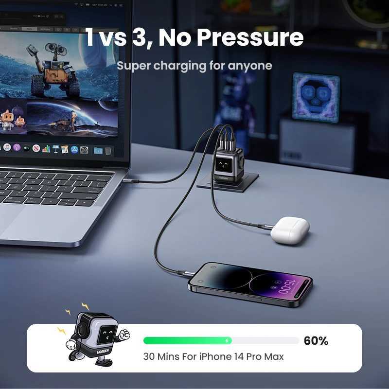 US PlugUGREEN 65W 30W GaN Charger Robot Design PD30 Fast Charger QC40 30 PPS for iPhone 17 16 15 Pro Macbook Laptop Table J251114