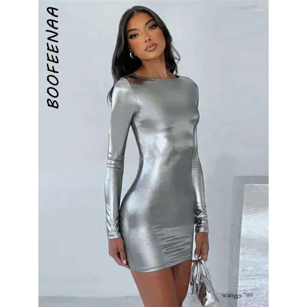 Casual Dresses BOOFEENAA Gray Metallic Long Sleeve Bodycon Dress Fashion Fall Winter Short For Women Party Night Club Outfits C70-BF19