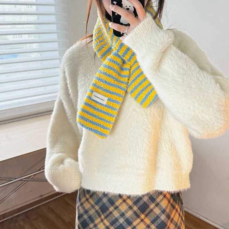 Korean Stylish Teddy Velvet Stripes Scarf Women Men Autumn Winter Warm Perforated Knitted Small Scarves Female Thermal Muffler J251022