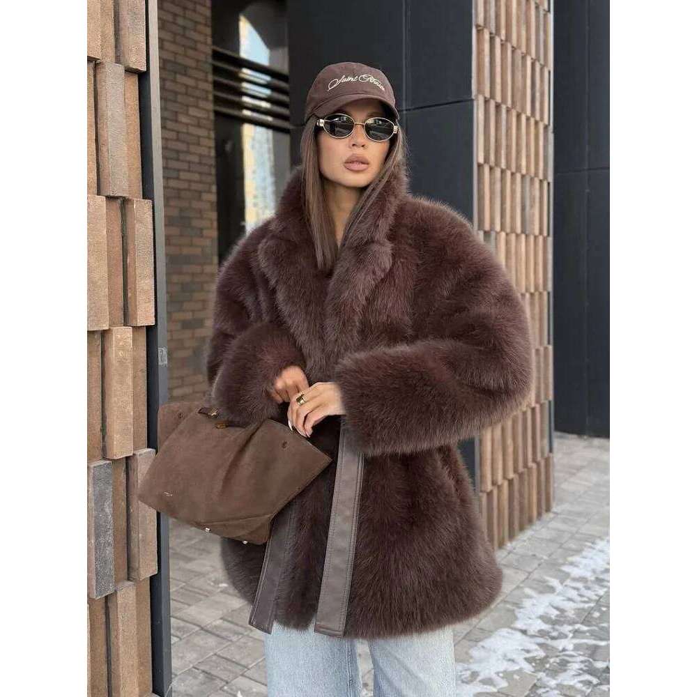 Fashion Women's Lapel Faux Fur Coat with Belt 2025 Winter Long Sleeve Female Thicken Warm Jackets Casual Lady Outerwear Street