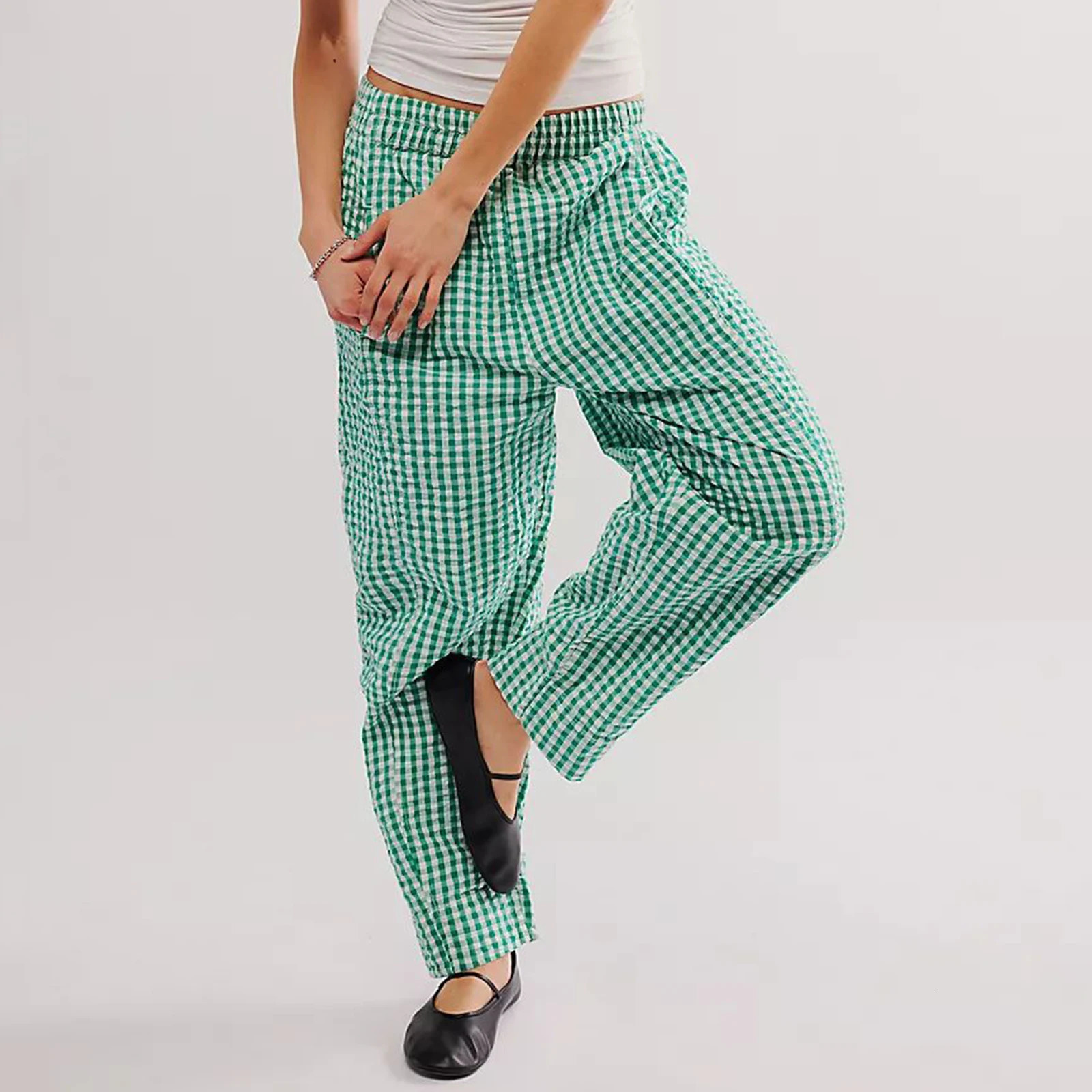 Y2K Gingham Wide Leg Lounge Pants Plaid Drawstring Pajama Pants Checked Loose Fit Pj Pants Trousers Casual Home Pant 251016
