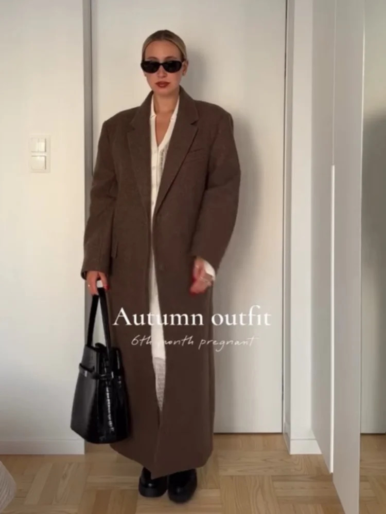 Women Shoulder Pad Wool Long Coats Fashion Lapel Singlebreasted Long Sleeve Coat Chic Autumn Lady Commute Street Outerwear 251020