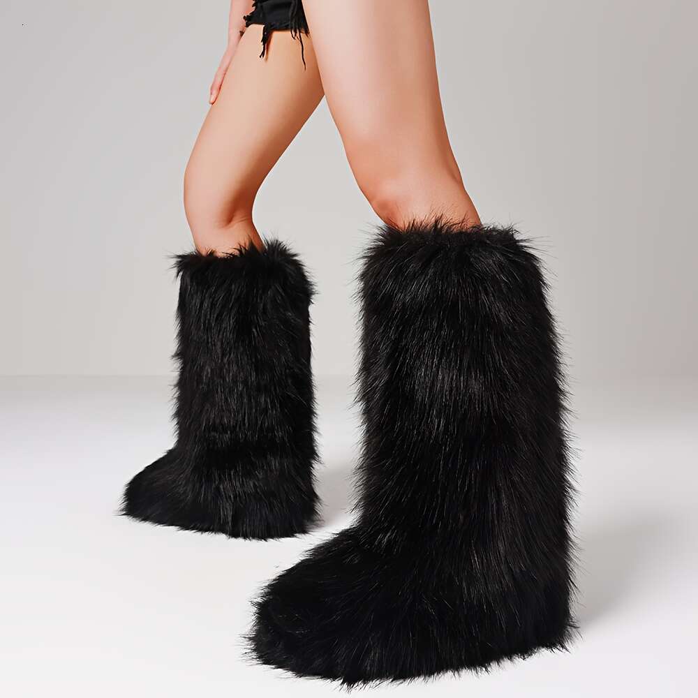 Stylish Women's Fluffy Faux Fur Round Toe Flat Heel Winter Outdoor Warm Knee High Boots