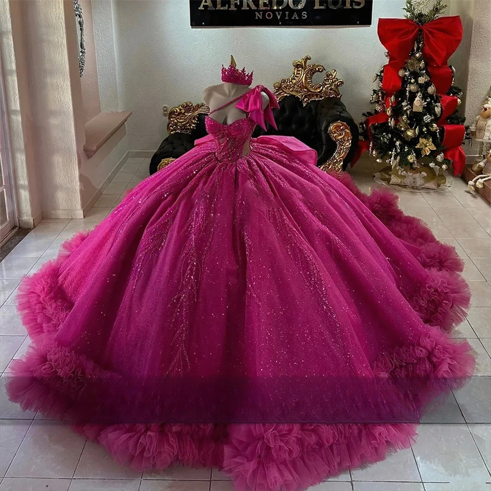 Princess Pink Quinceanera Dresses With Bow Bead Crystals Tiered Ruffles 15th Birthday Party Dress Ball Gown Customized O23