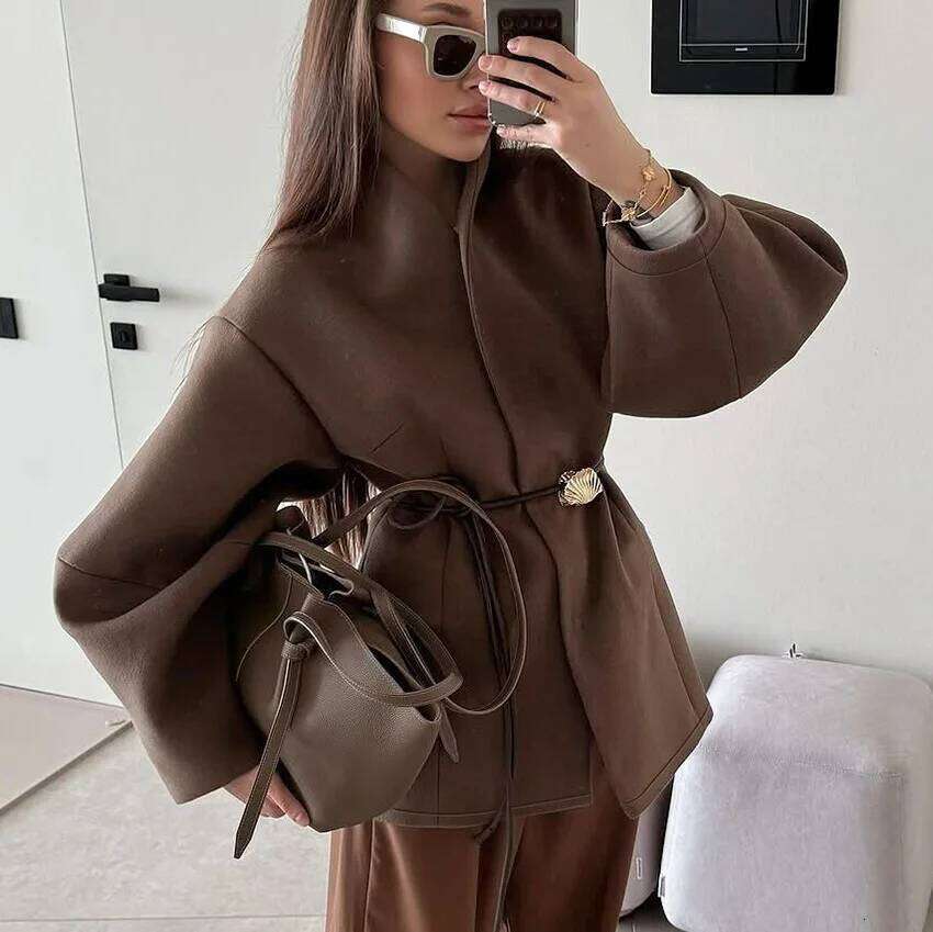 Brown waist woolen jacket women's design sense temperament fashion