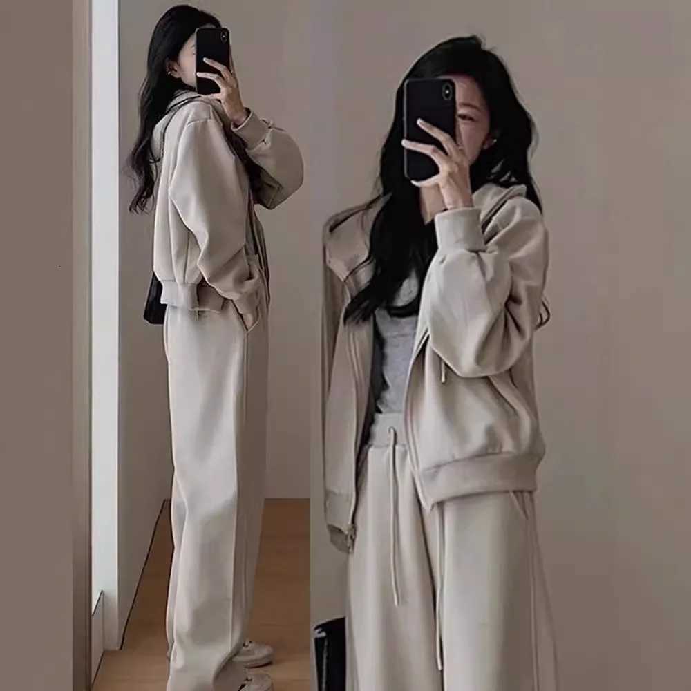 Cardigan Sweatshirt Matching Sets Zipper Hoodies Pant Sets Hooded Tracksuit Solid Drawstring Wide Leg Pants Pockets CasualT251022