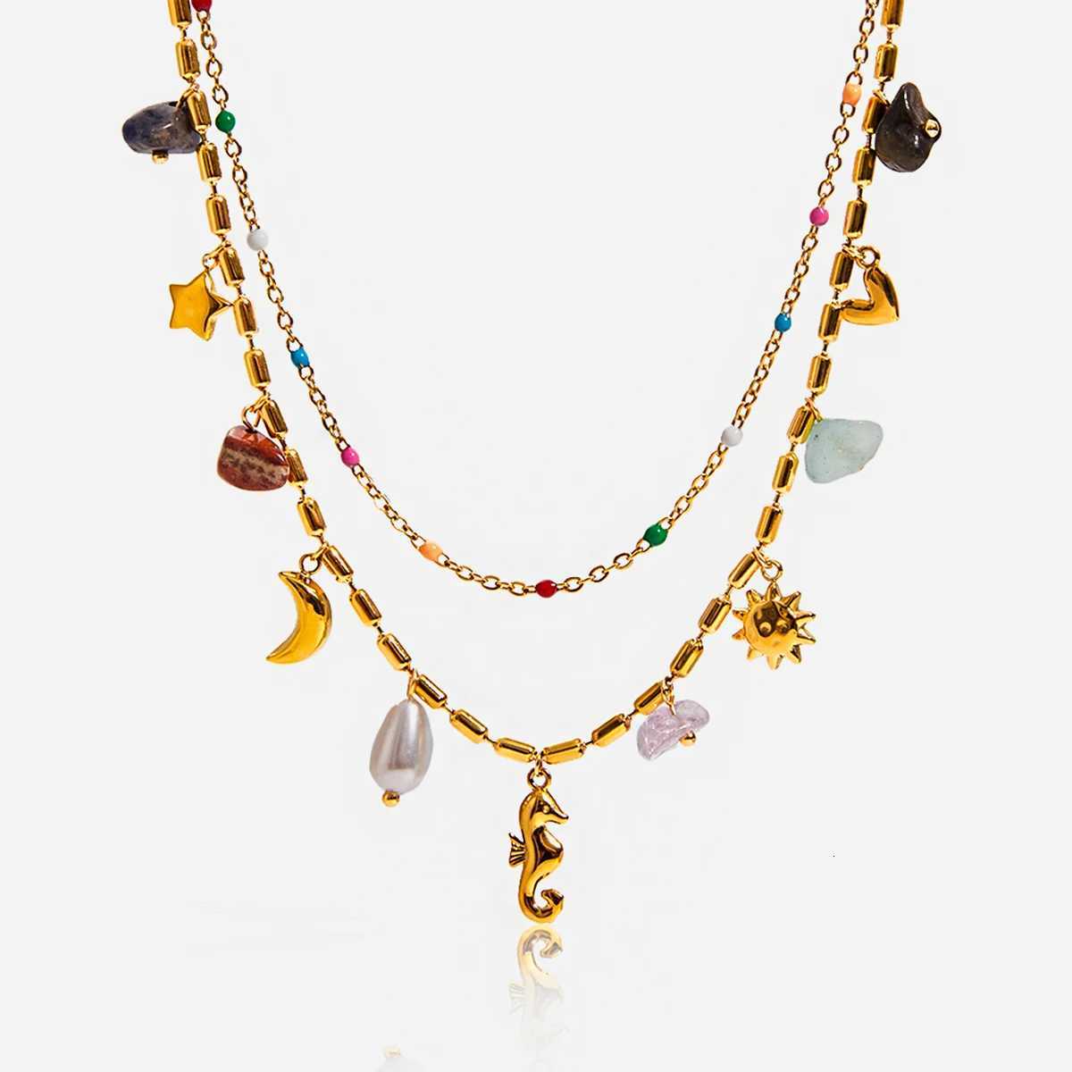 Double Oil Drip Necklace Ocean Style Stainless Steel Womens Natural Stone Seahorse Pendant Necklace Resort Edition V251022