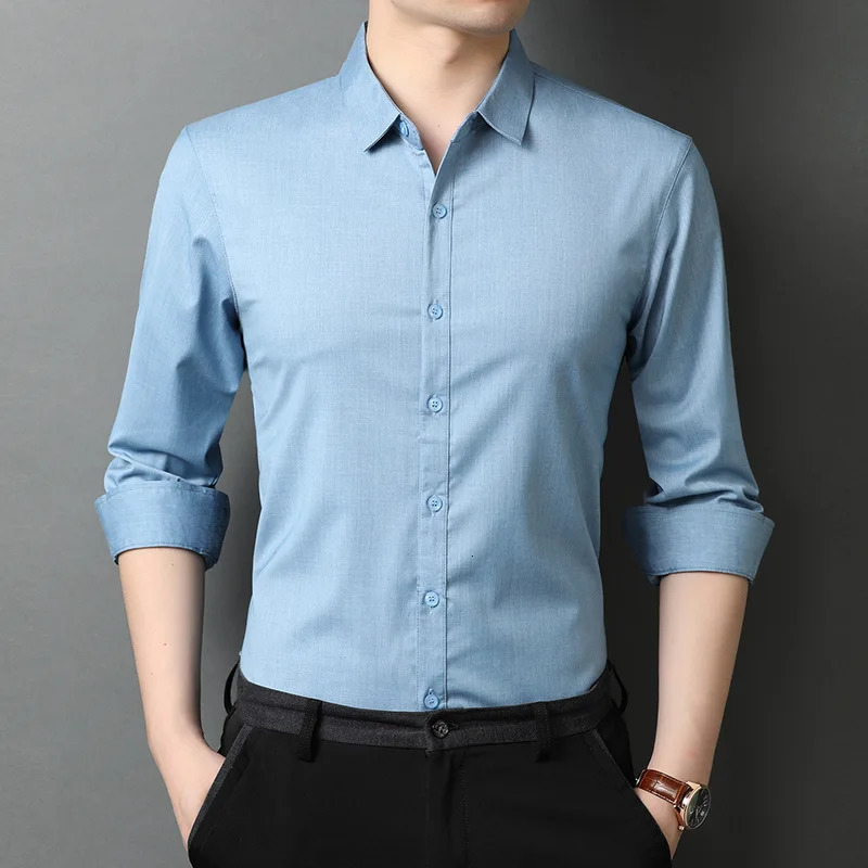 Solid Color Spring and Autumn Longsleeved Men Shirt Mens Business Casual Lapel Shirt Soft Top Thin Clothing Men 251020