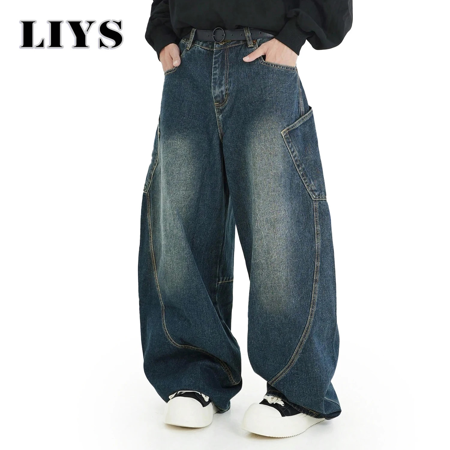 Mens Wear American Washed Denim Pants Vintage Threedimensional Large Pockets Cut Curved Knife Jeans Loose Fit Summer Trend 251017