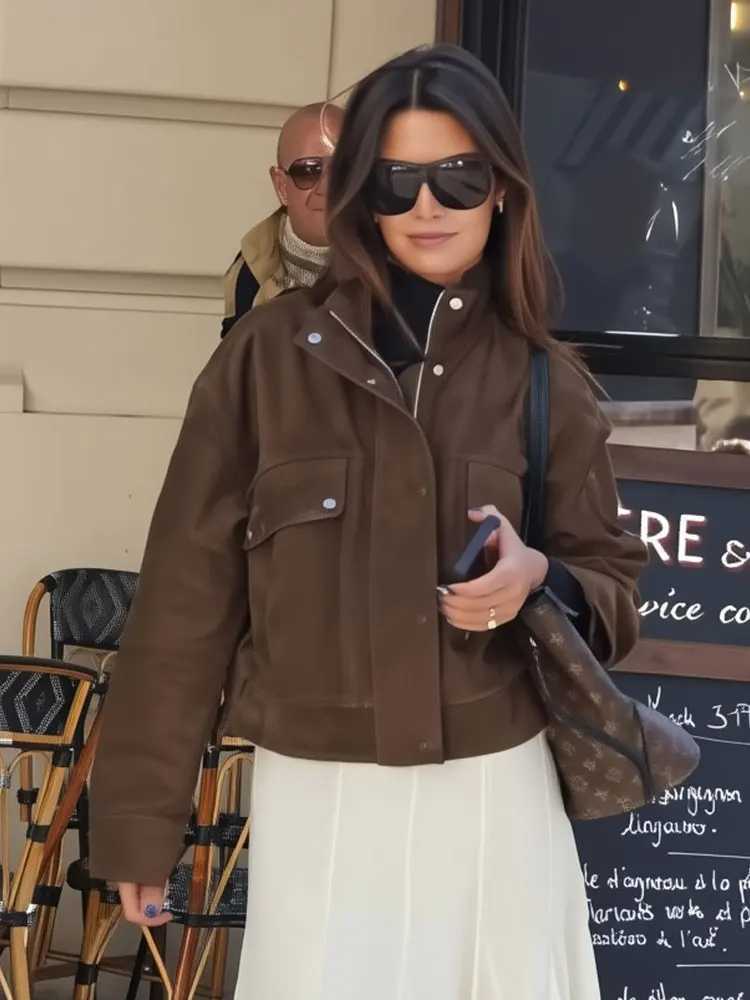 HH 2025 Street Fashion Suede Coat Long Sleeve Zipper Solid Turtleneck With Pockets Bomber Jacket Female Autumn Casual Outwears Y251105