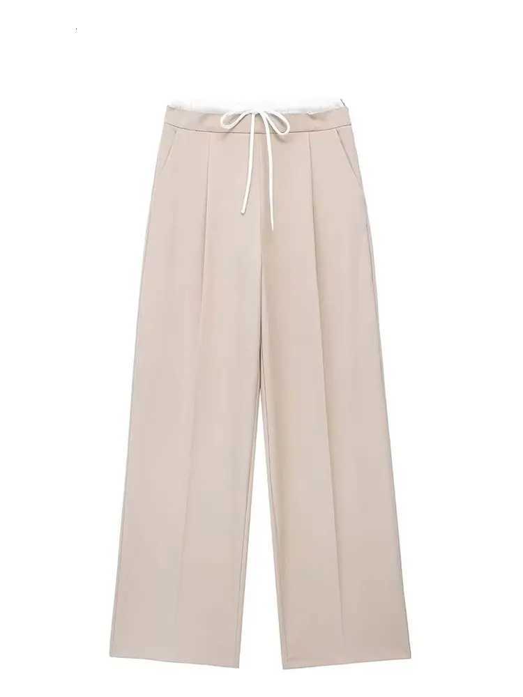 HH 2025 Women Fashion Vintage Solid Straight Pants Side Zipper Drawstring Casual Trousers Spring New Female Wide Leg PantsT251022