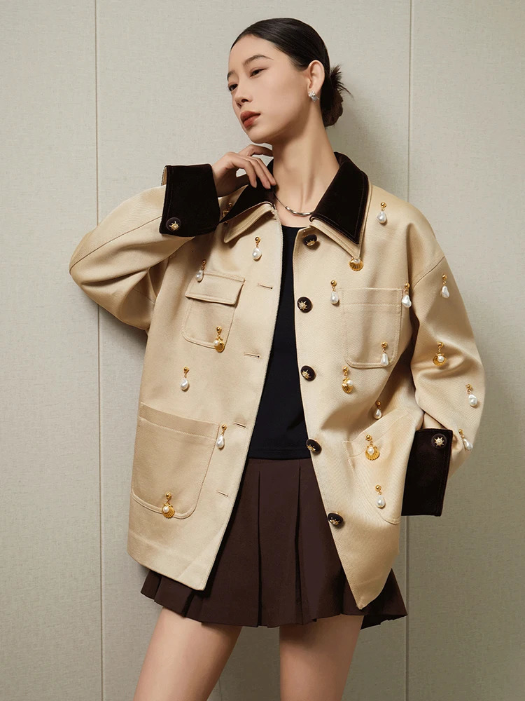 Elegant Women Pearl Embellished Jacket Long Sleeve Button Down Pocket Coat Contrast Collar Vintage Style Outerwear for Ladies251022