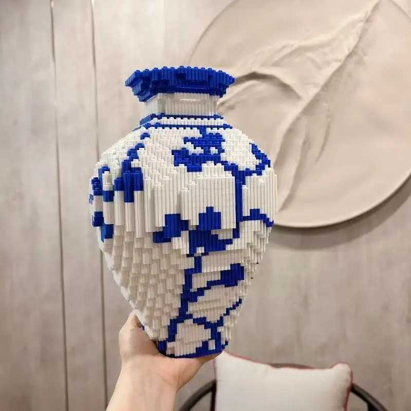 New Chinese Style Blue and White Porcelain Vase Pattern 3D Bear Model Building Block Small Particle Assembly Kids Puzzle Toy J251022