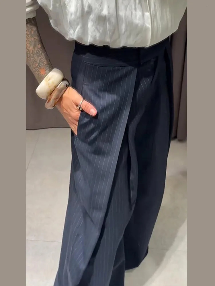 Casual Striped Loose Pants Women High Waist Pleated Straight Long Wide Leg Trousers Female 2025 Fashion Autumn Lady Bottoms 251022