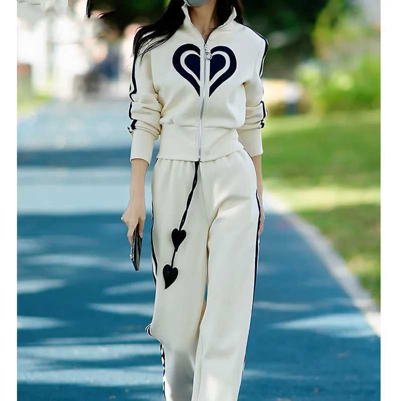 Womens Spring Summer 2025 New Stand Collar Zippered Sweater Coat Tops Wide Leg Pants Two Piece Set Casual Sports Suit For WomenT251022