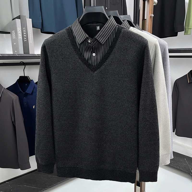 Original Quality Mens Lapel Fake Two Piece Knitted Sweater Winter New Velvet Thickened Print Striped Business Casual MenswearXJ251022