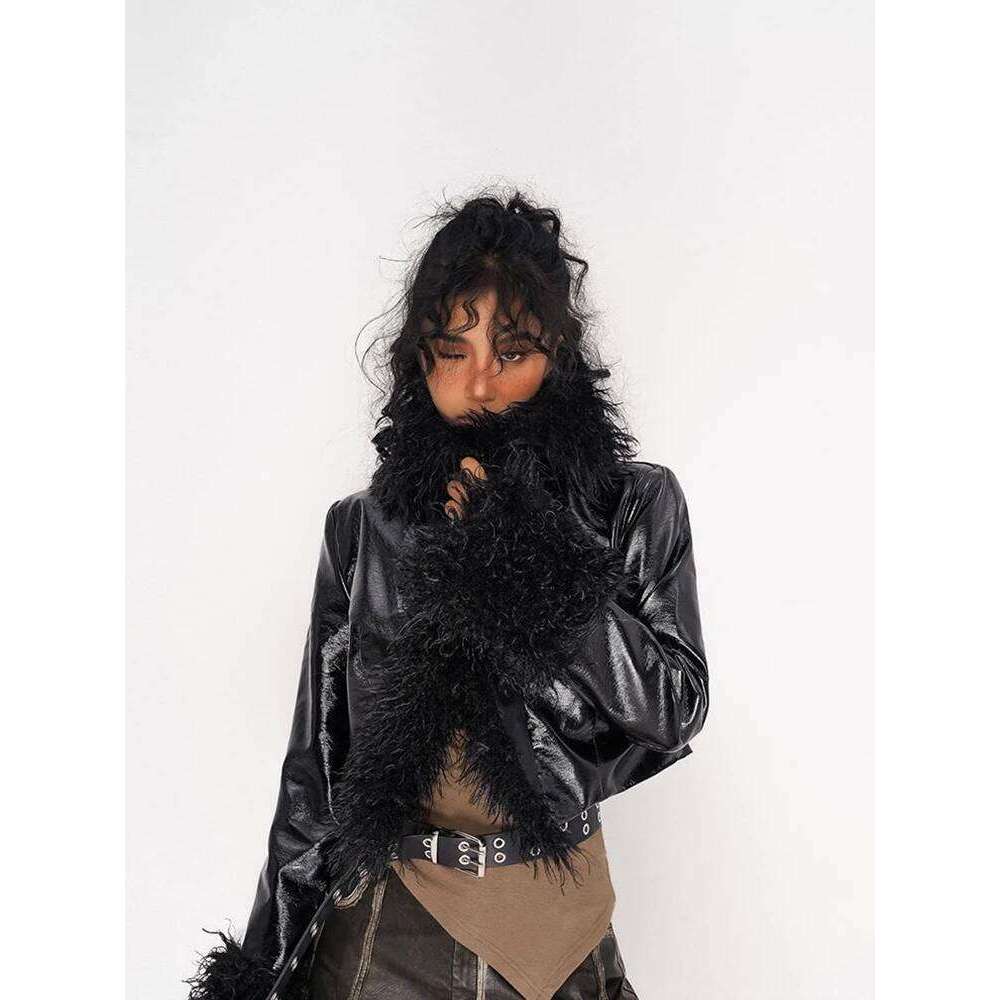 Winter Women Fur Gothic Pu Faux Leather Racer Jacket Crop Grunge Outwear Japanese Abi Y2k Dark Academia Coat Haruku