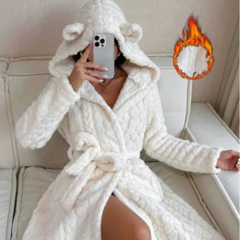 Fluffy Warm Hooded Nightgown Winter Robe Women Sleepwear Long Sleeve Kimono with Belt Shower Bath Gown Home Bathrobe Nightwear C251022