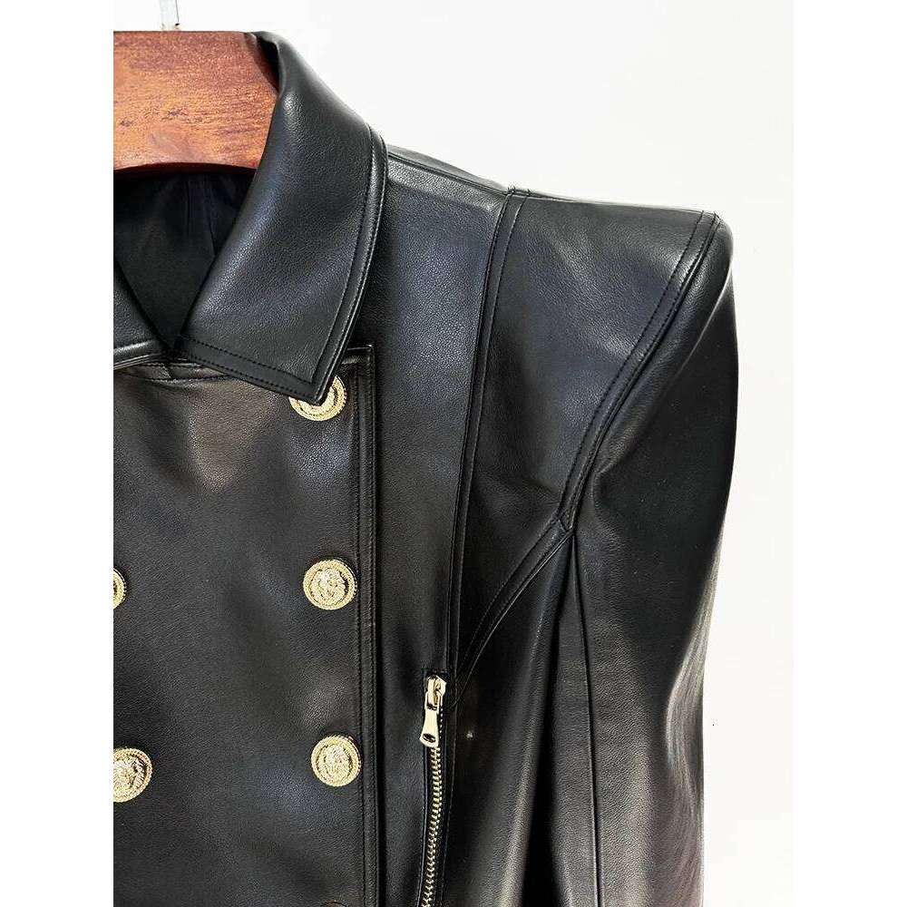 HIGH STREET New Fashion 2025 Designer Women's Peak Shoulder Double Breasted Lion Buttons Faux Leather Moto Jacket