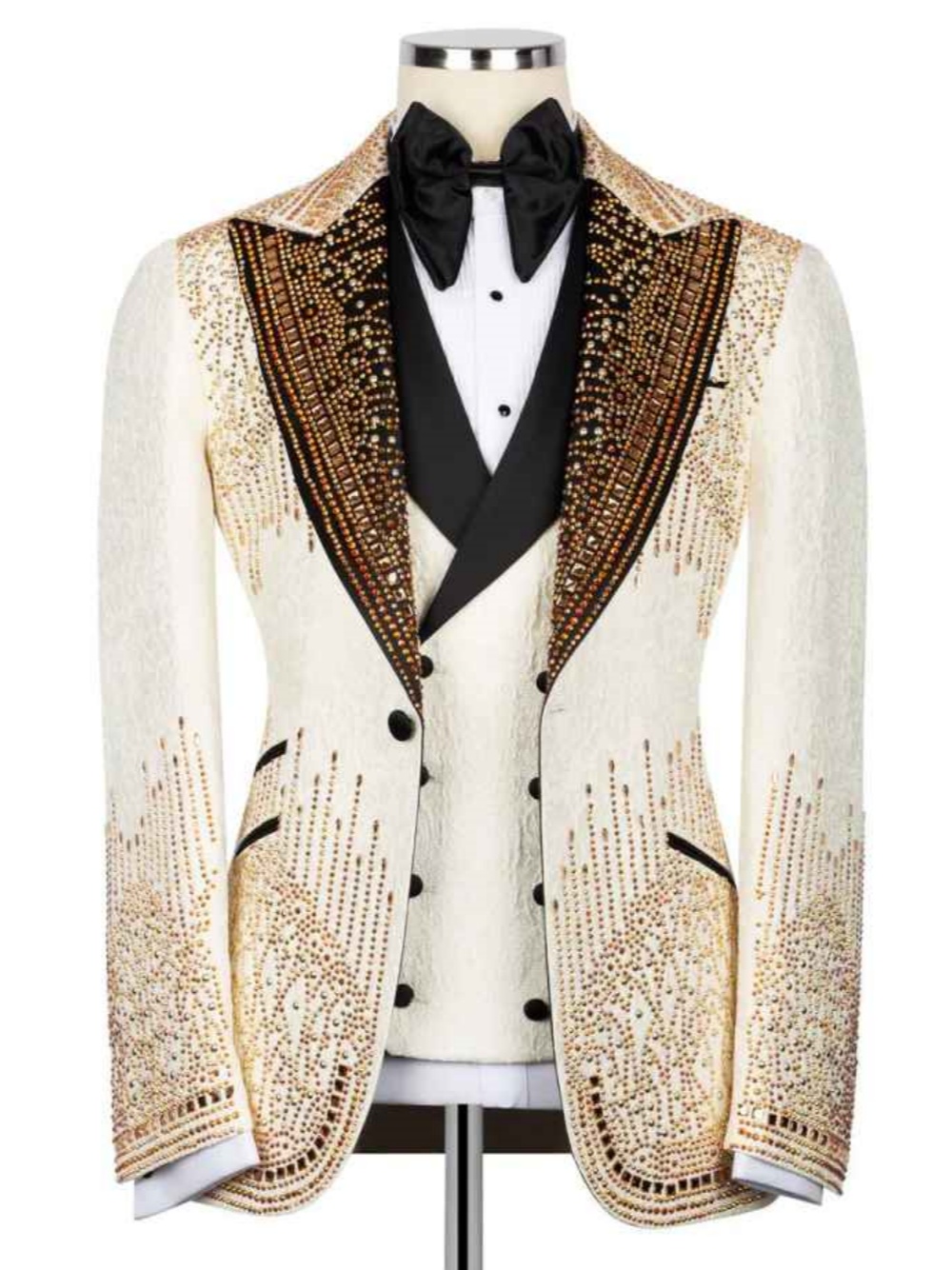Luxurious Man Tuxedos 2 Pcs Jacket Vest Beaded Jacquard Men Suit Handsome Peaked Lapel Evening Wedding Groom Coat Customized