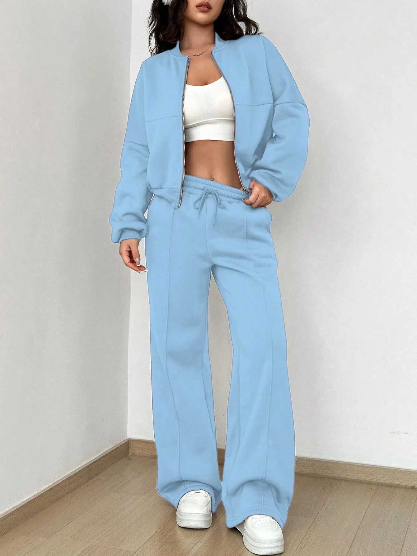 Matching Sets Women Casual Tracksuit Two Pieces Set Loose O Neck Long Sleeves Zipper Cardigan Drawstring Wide Leg Pants JoggerT251022