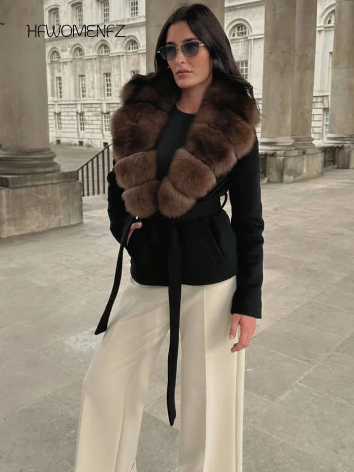 Elegant Fur Collar Woolen Coat Women Contrast Full Sleeve Turndown Loose Lace Up Coats Female Autumn Lady Outwears 251021