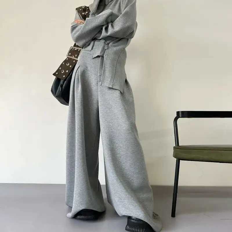 BJTZ Casual Irregular 2 Piece Set Womens 2025 Spring Autumn Trendy Stand Collar Zipper Design Hooded High Waist Wide Leg PantsT251022