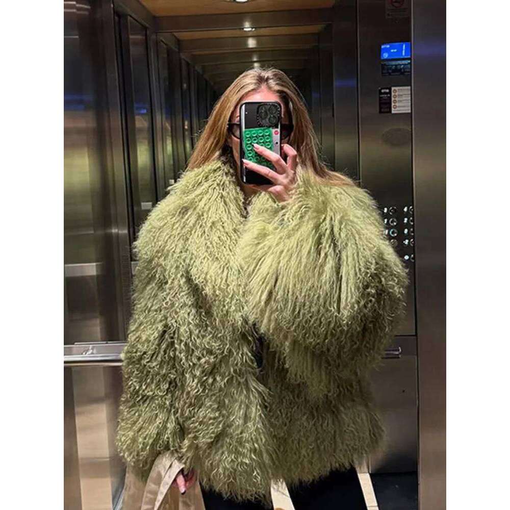 Green Fluffy Faux Fur Jacket Women Fashion Lapel Long Sleeve Loose Warm Coat 2025 Winter Lady High Street Outerwear