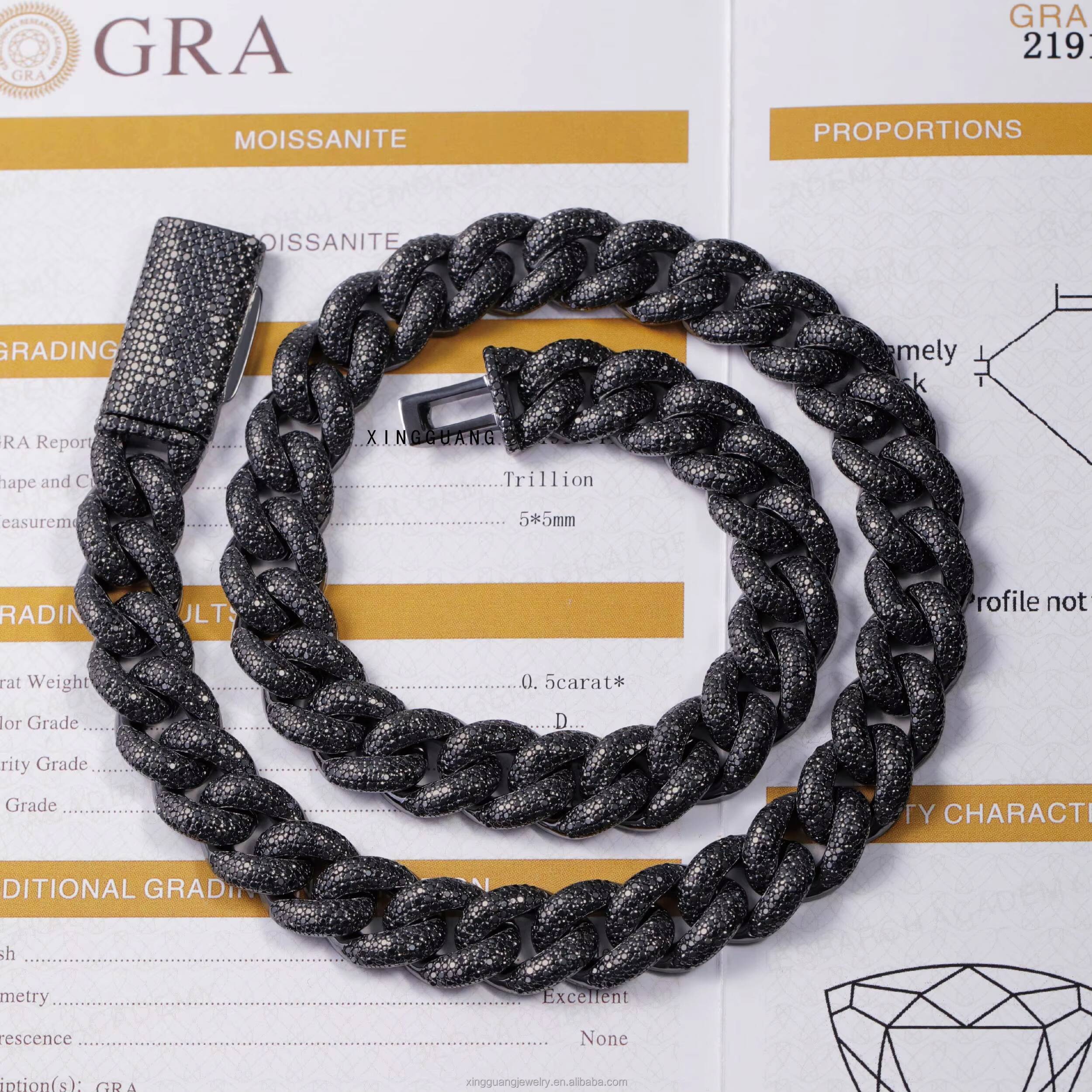 VVS Moissanite Cuban Chain Jewelry 13mm S925 Silver Black Plated Hip Hop Necklace for Men Black Diamond Cuban Lidynamic Chain