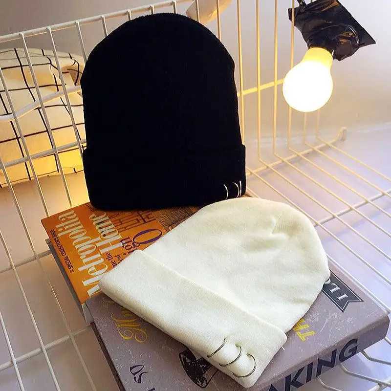 COKK Autumn Winter Hats For Women Girls Knitted Cap With Ring Hip Hop Korean Bonnet Beanie Hat Female Stretch Hats Gorras Black J251022