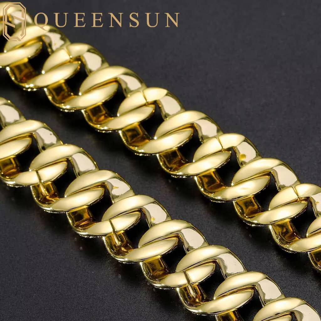 Queensun 18K Solid Gold Moissanite Hiphop Chain Link Bracelet 12mm Miami Cuban Party Bangles with Diamond White Gold Material