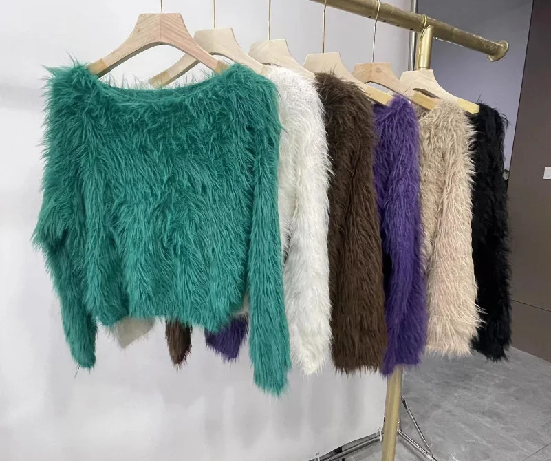 Fuzzy Knit Pullover Women 34 Sleeve Plain Brushed Crop Sweater Jumper Women Teengirl Fall Winter Basic Outfit 251016