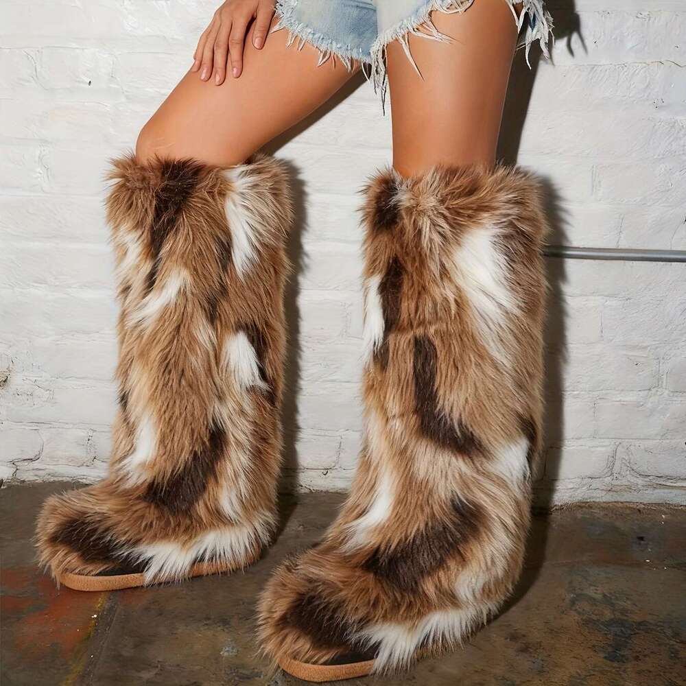 Women's Fluffy Faux Fur Knee-High With Plush Slip-Resistant Rubber Sole, Round Toe Arch Support, Warm Cozy Snow Boots For Casual & Formal Outfits