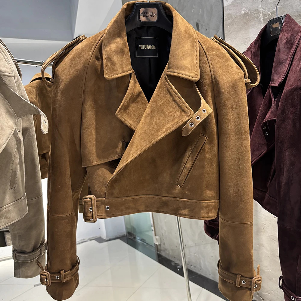 YOLOAgain Long Sleeve Dark Brown Suede Jacket Women Real Leather 251021