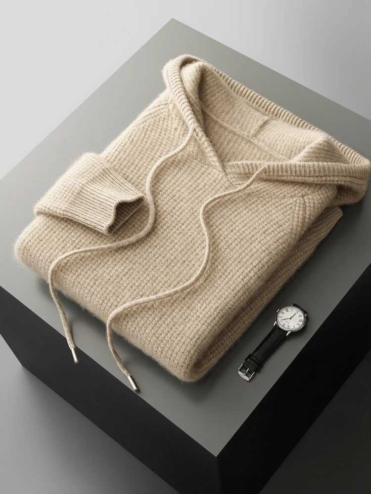 New Basic Mens Sweater Hooded Pullover 100 Cashmere Clothes Autumn Winter Sweater Thick Warm Waffle Texture Casual Knitted TopXJ251022