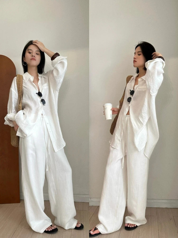 Slack Linen Wideleg Pants Summer Loose Versatile Drawstring Straight White Casual Trousers Korean Fashion 251022