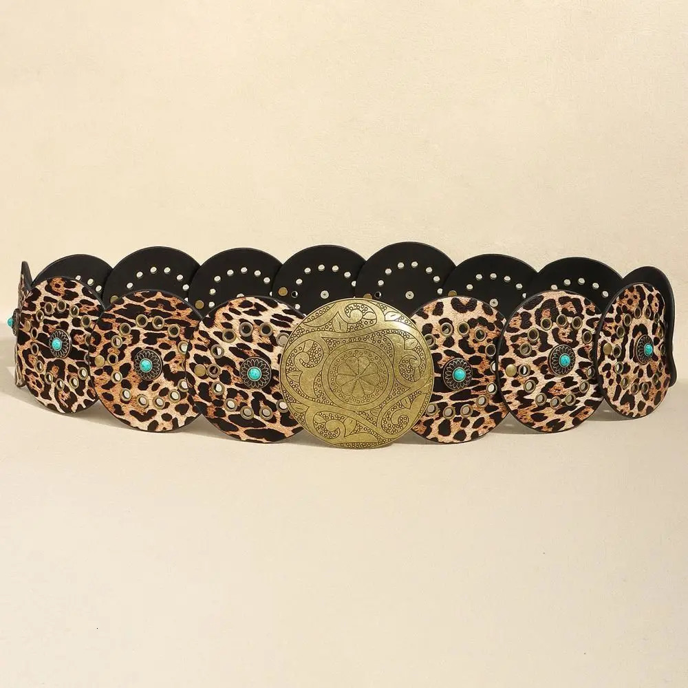 Exaggerated Wide Boho Disc Belt Adjustable Turquoise Carved Buckle Waist Belt Rivet Y2k Western Leather Waistband 251013