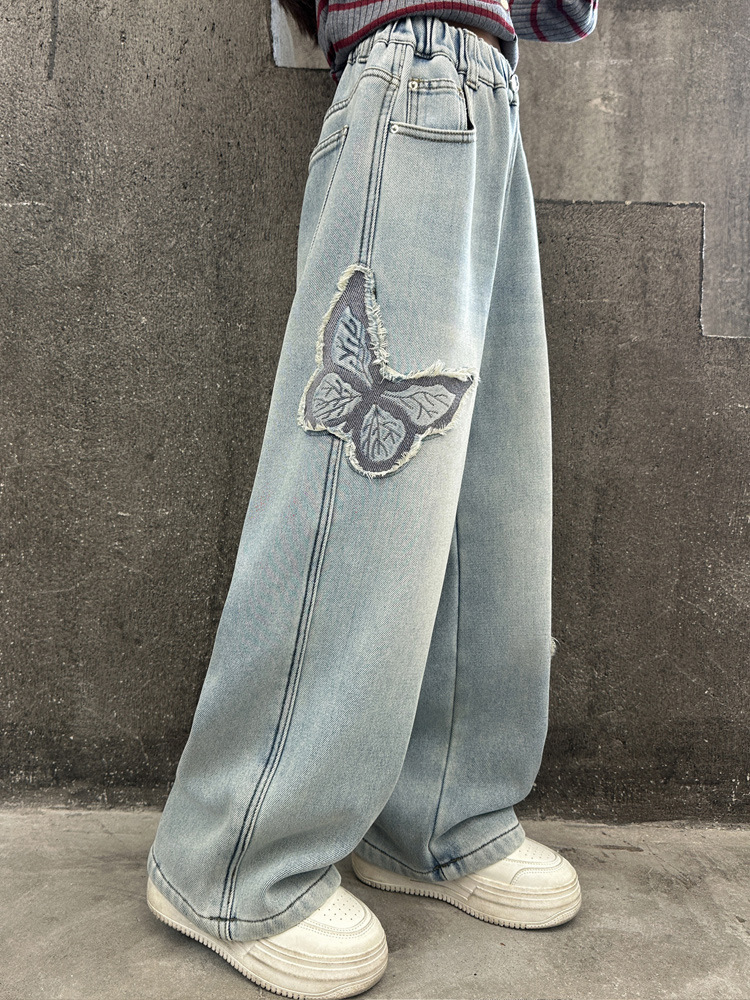 Kids trousers designer 2025 New Girls Jeans with Butterfly Patch, Spring Autumn Loose Fit Straight Wide Leg Pants, Cargo Trousers for Big Kids Tweens