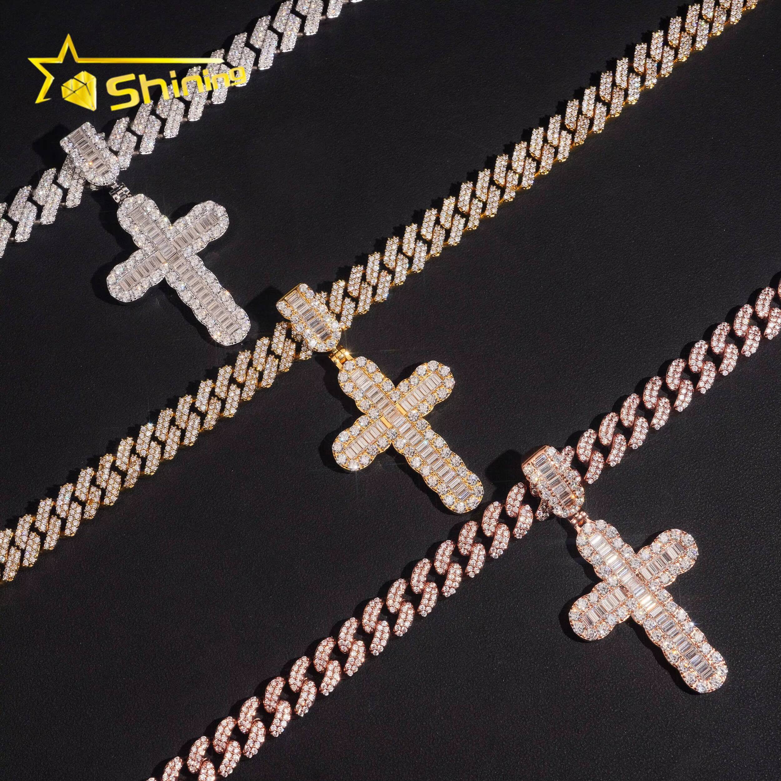 New Arrivals Hip Hop Style Rapper Jewelry 925 Silver Baguette Charms Moissanite Cross Pendant