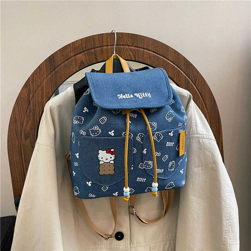 Sanrio Sanrios Hellokittys Large Denim Backpack for Women Cute Cartoon Bucket Bag Durable Handbag for Travel and Daily Use Girls Gifts L251022