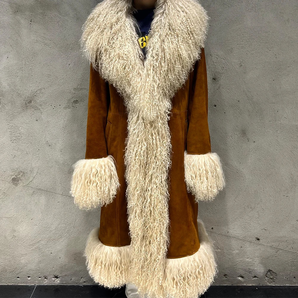 Winter Suede Long Fur Coat Mongolia Sheep Collar Arrival Camel Jacket 251021